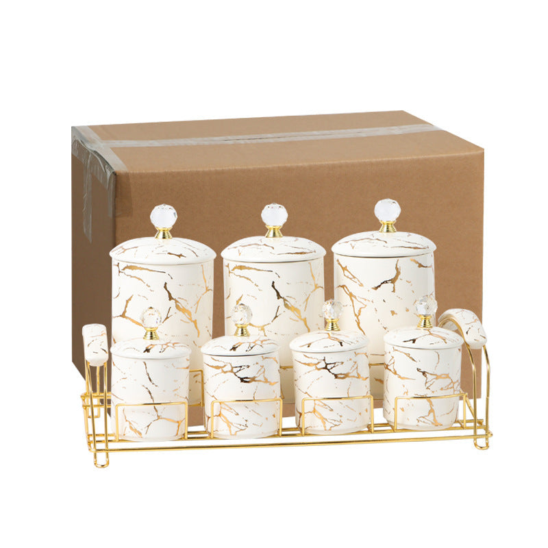 7-Piece Ceramic Storage Jar Set with Shelf – Light Luxury Kitchen Decor