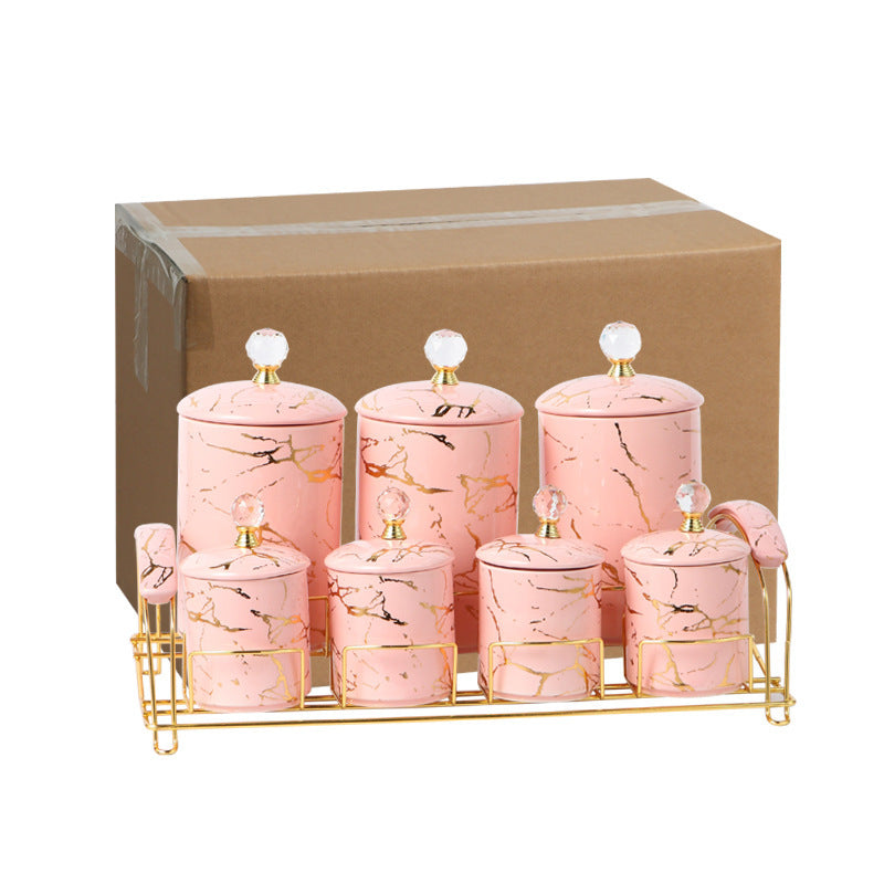 7-Piece Ceramic Storage Jar Set with Shelf – Light Luxury Kitchen Decor