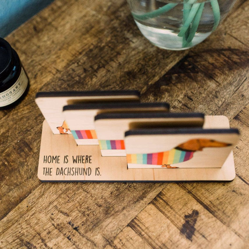 Rainbow Sausage Dog Coaster Set