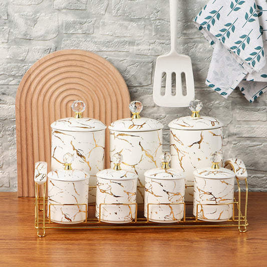 7-Piece Ceramic Storage Jar Set with Shelf – Light Luxury Kitchen Decor