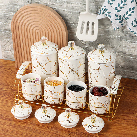 7-Piece Ceramic Storage Jar Set with Shelf – Light Luxury Kitchen Decor
